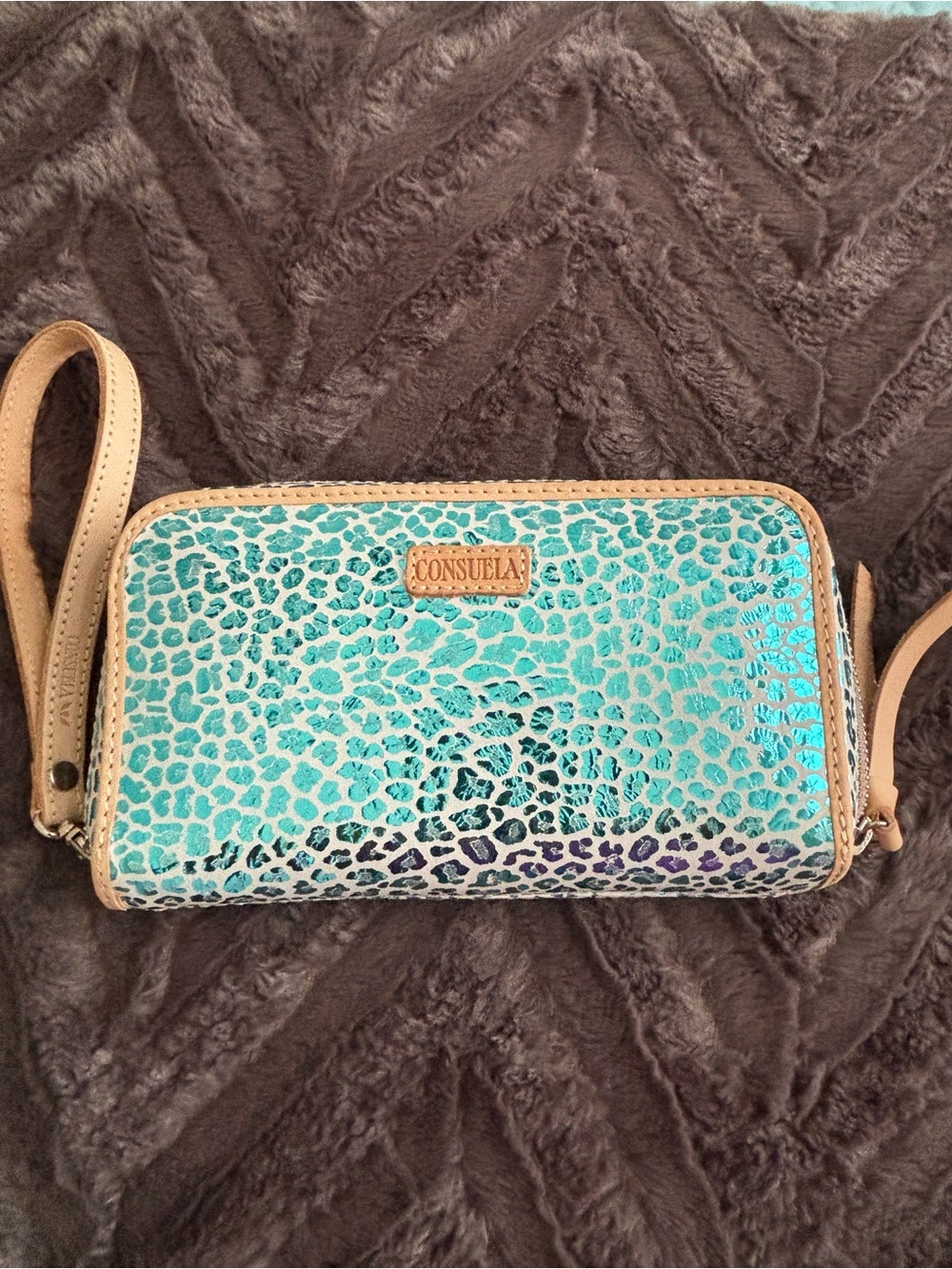 Consuela Blue  Leopard Print Wristlet with Tan Trim. NEW without tags